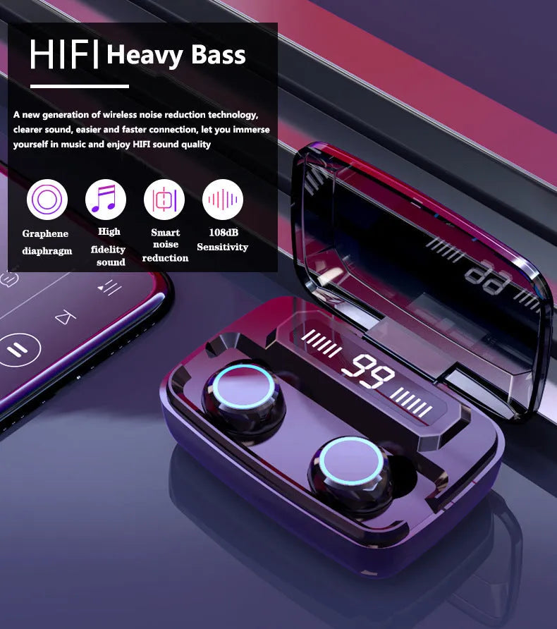 Black M11 style Bluetooth wireless headset with digital power display showing battery level