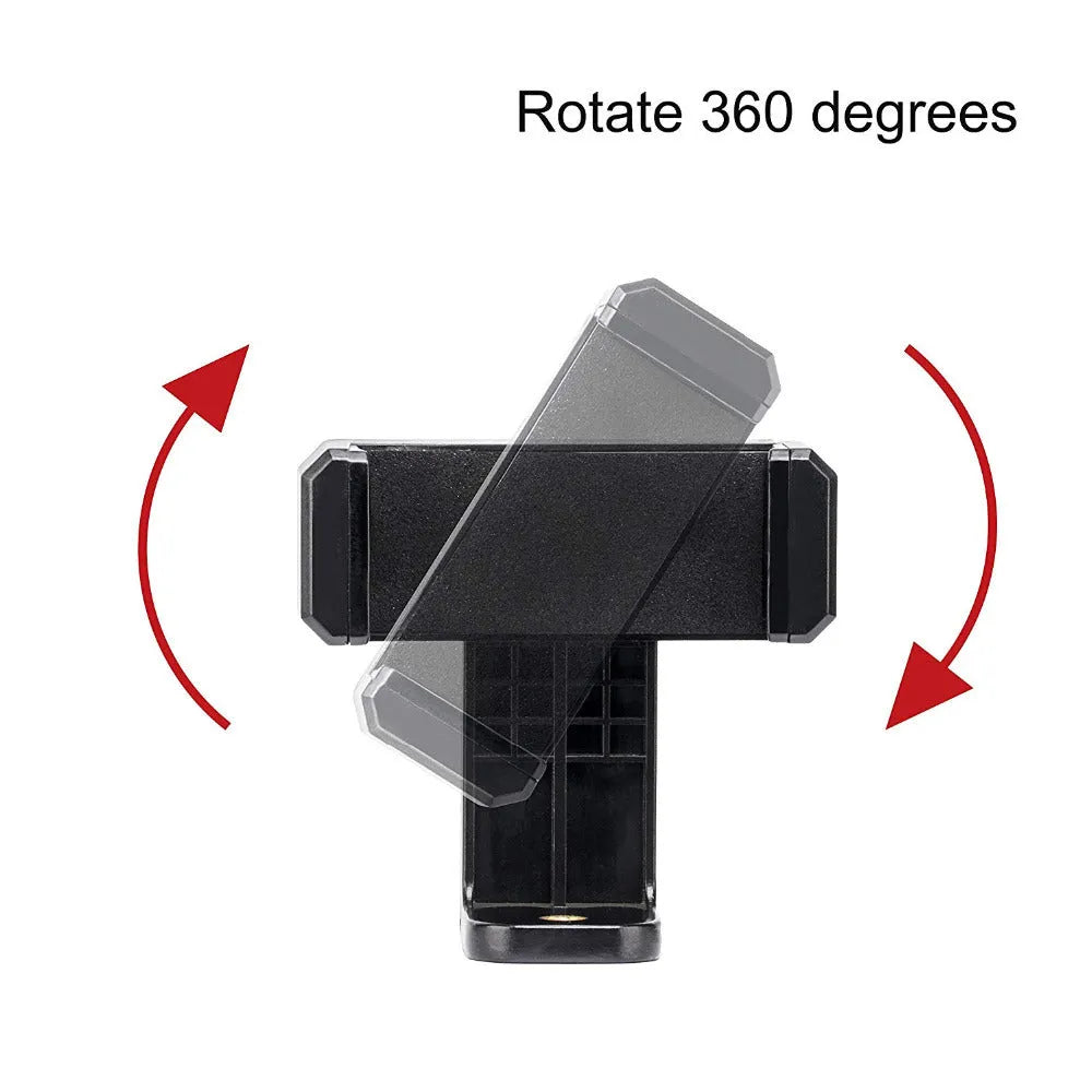 Black plastic phone holder with rotating clamp on a desk