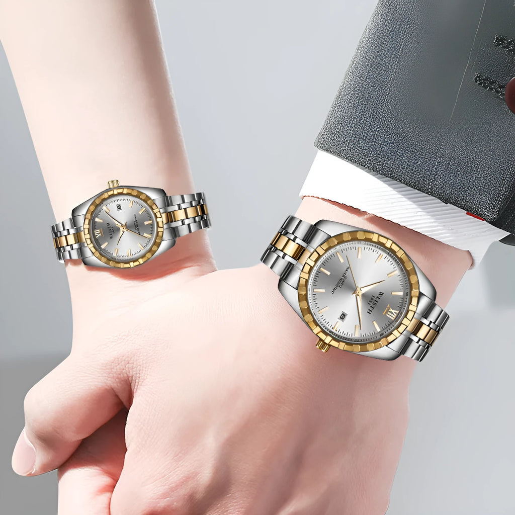 Couple watch with steel band, 28mm dial, luminous hands, and date window in silver finish
