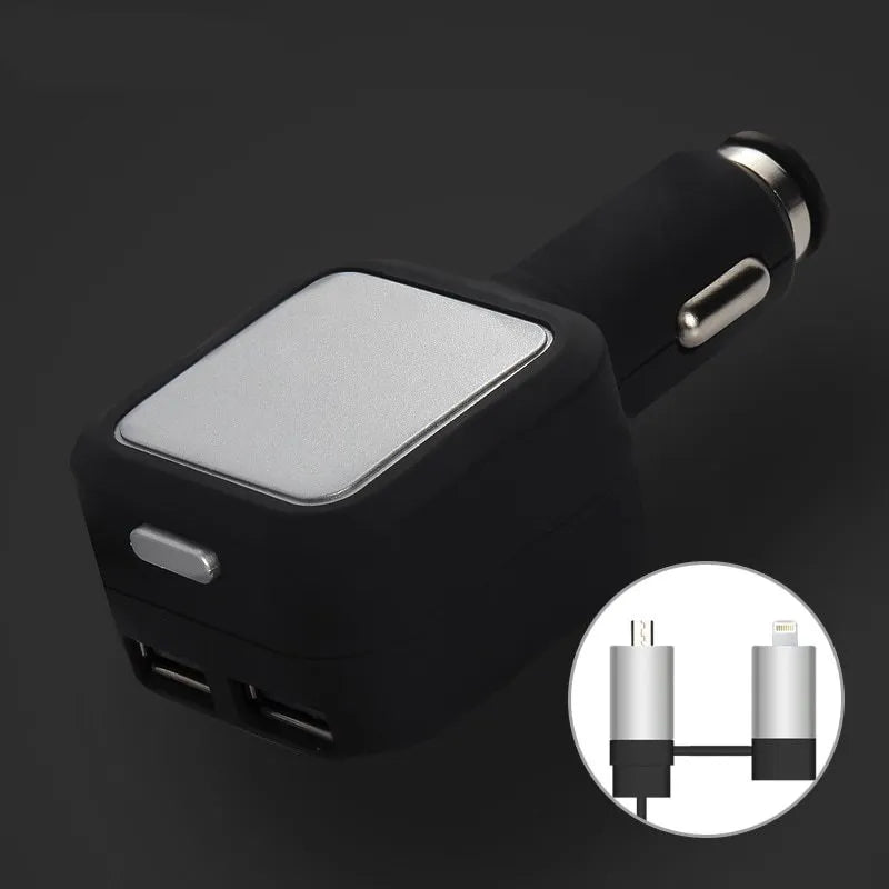 Black and gold 2-in-1 dual USB retractable car charger with two ports