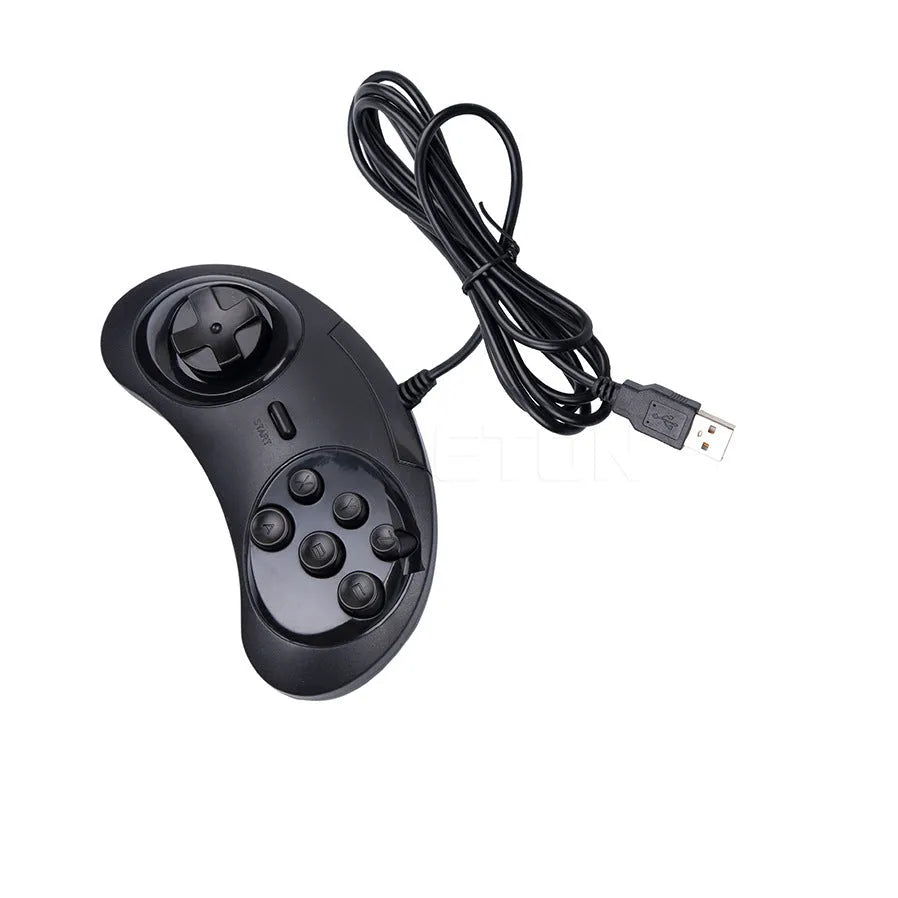 Black Sega USB PC game controller with long cable on a white background