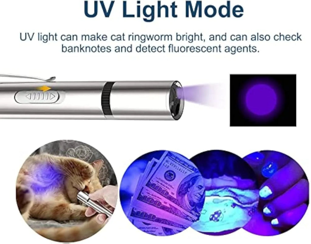 Silver aluminium cat laser pointer toy with USB charging showing light pattern modes