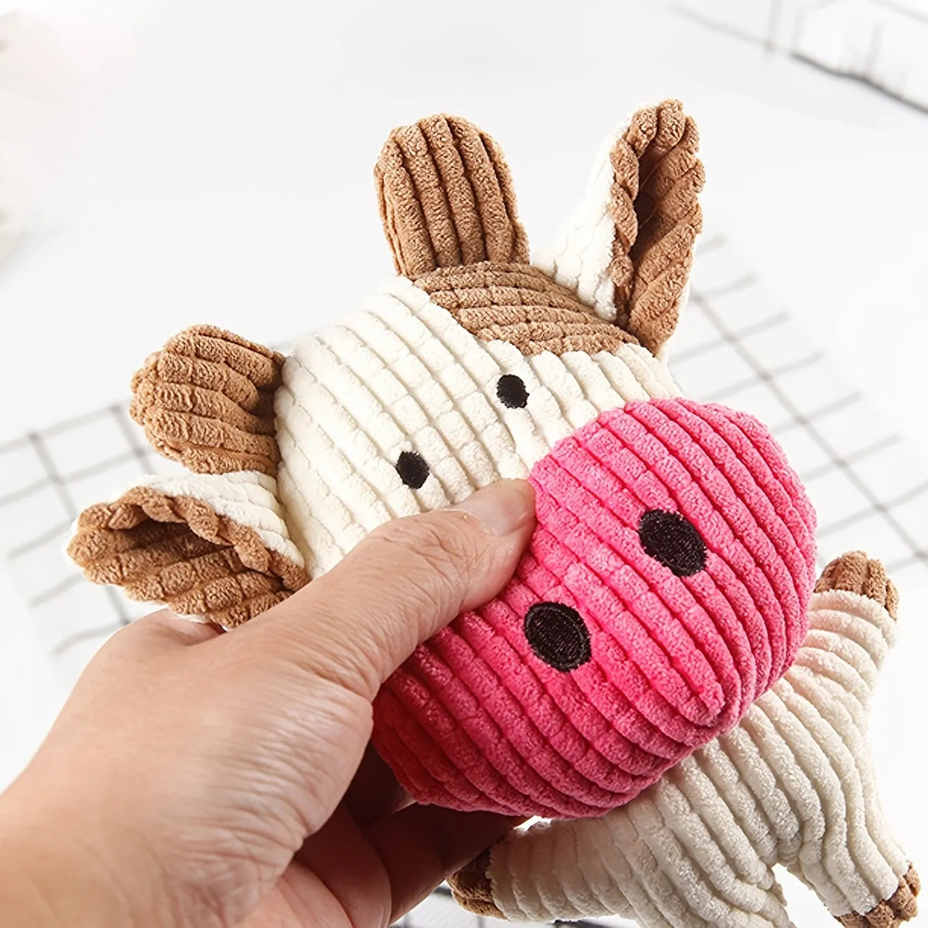 Cute animal shaped plush dog chew toy with squeaker in multiple colour options
