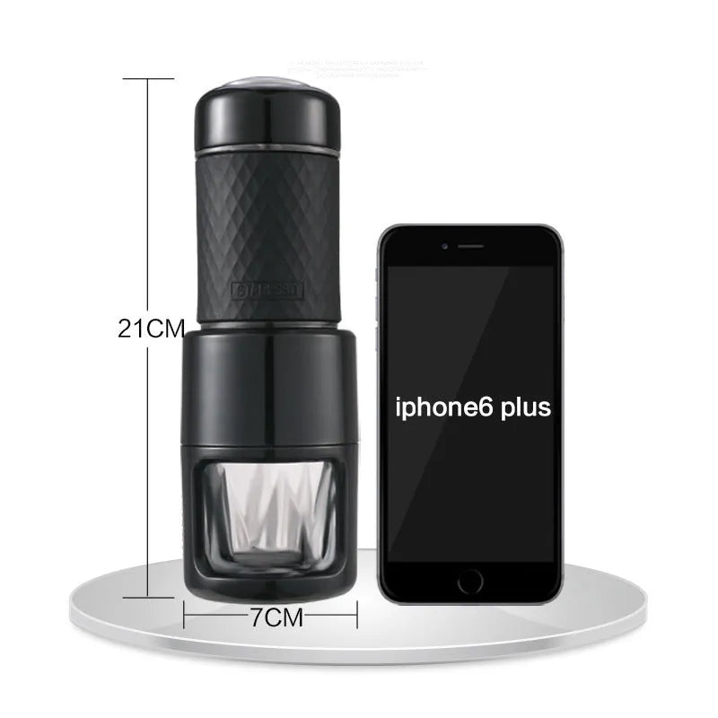 Portable manual espresso coffee machine in stainless steel, 7x7x20.3 cm, available in multiple colours