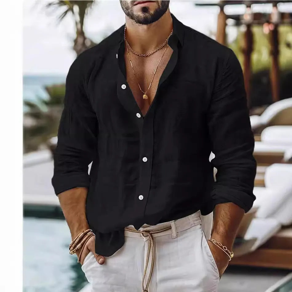 Men's solid colour cotton linen blend long sleeve shirt in regular cardigan style on white background