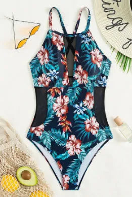 Women's deep V-neck one-piece swimsuit in a solid colour, gradient, or print pattern.