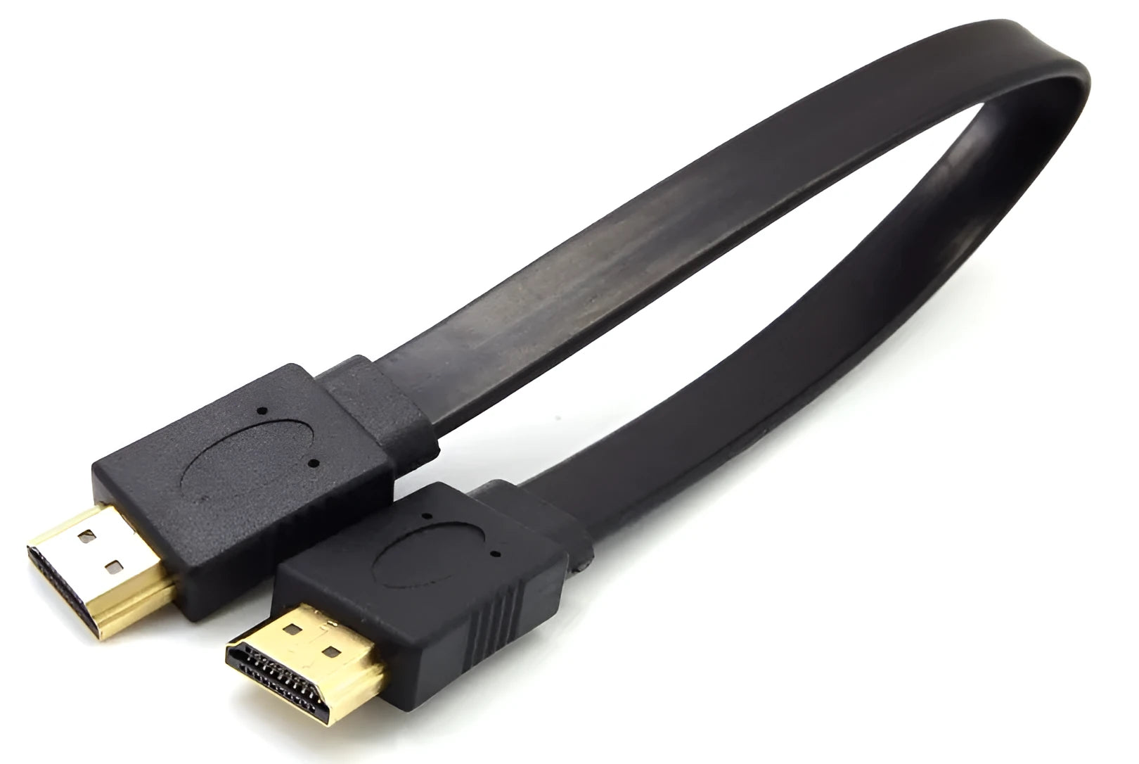 Flat black HDMI cable with male connectors showing length options from 0.3 to 10 metres.