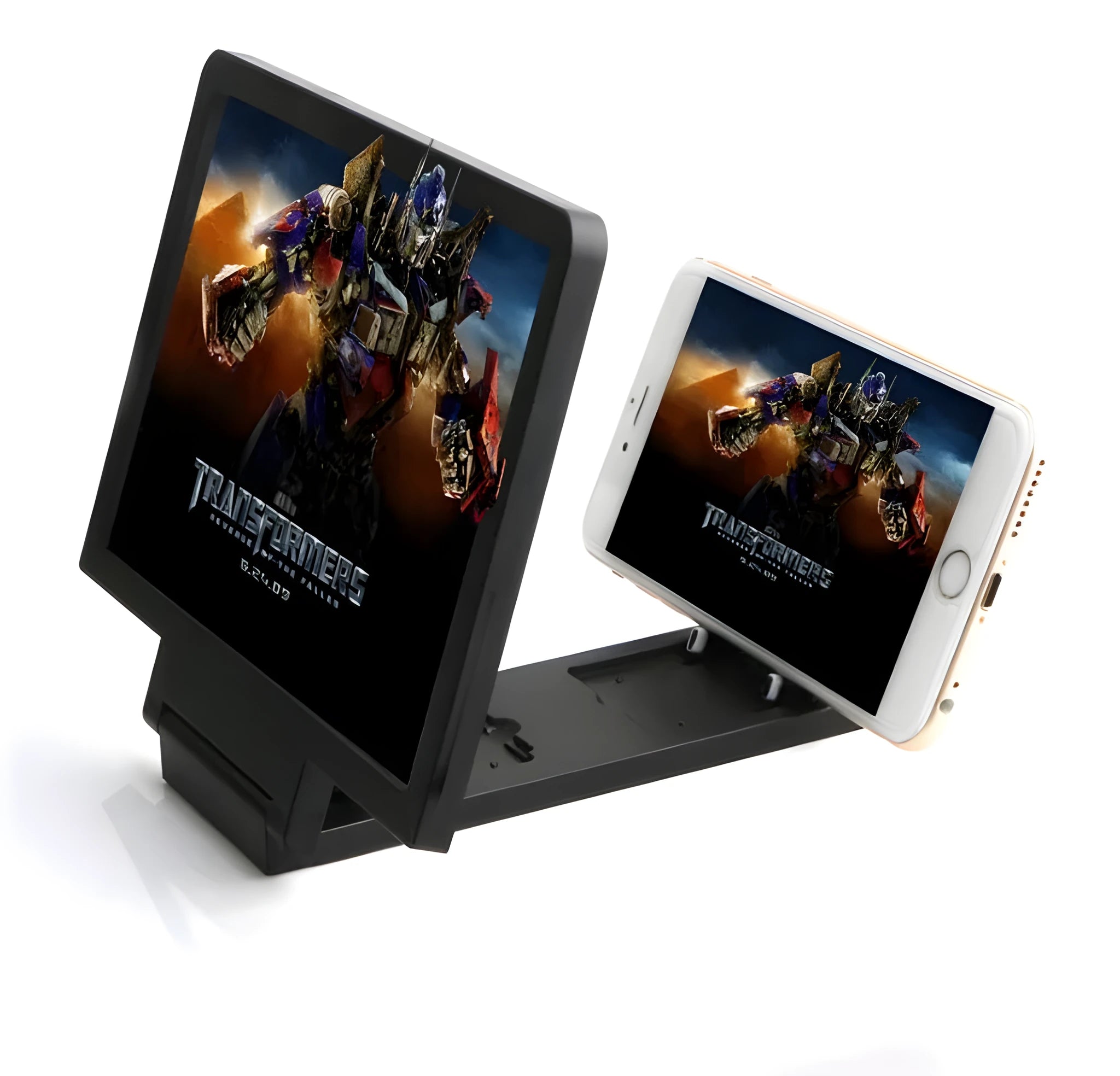 Black and white radiation-proof 3D mobile phone screen amplifier and stand showing a phone in use.