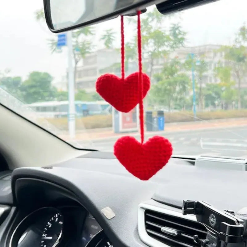 Green and white knitted rope car plant ornament with 8cm base and hanging rope.
