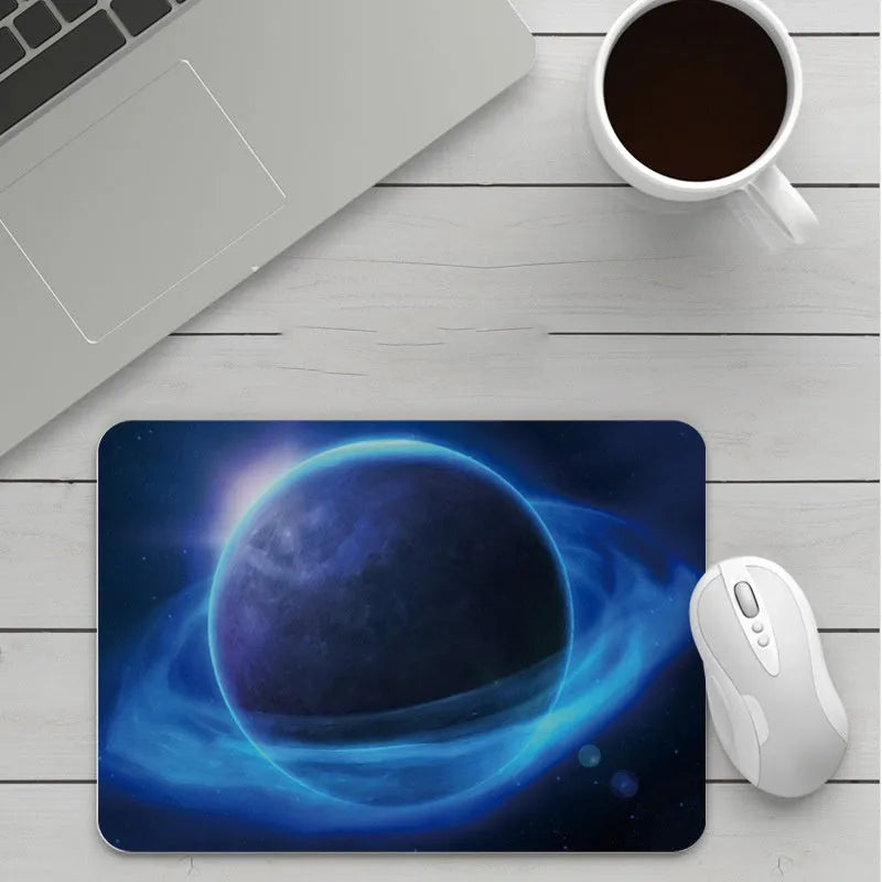 Custom cartoon mouse pad with thickening, showing example artwork on non-slip rubber and cloth base.