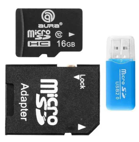 Mini USB card reader for TF MicroSD cards with an SD card size adapter.