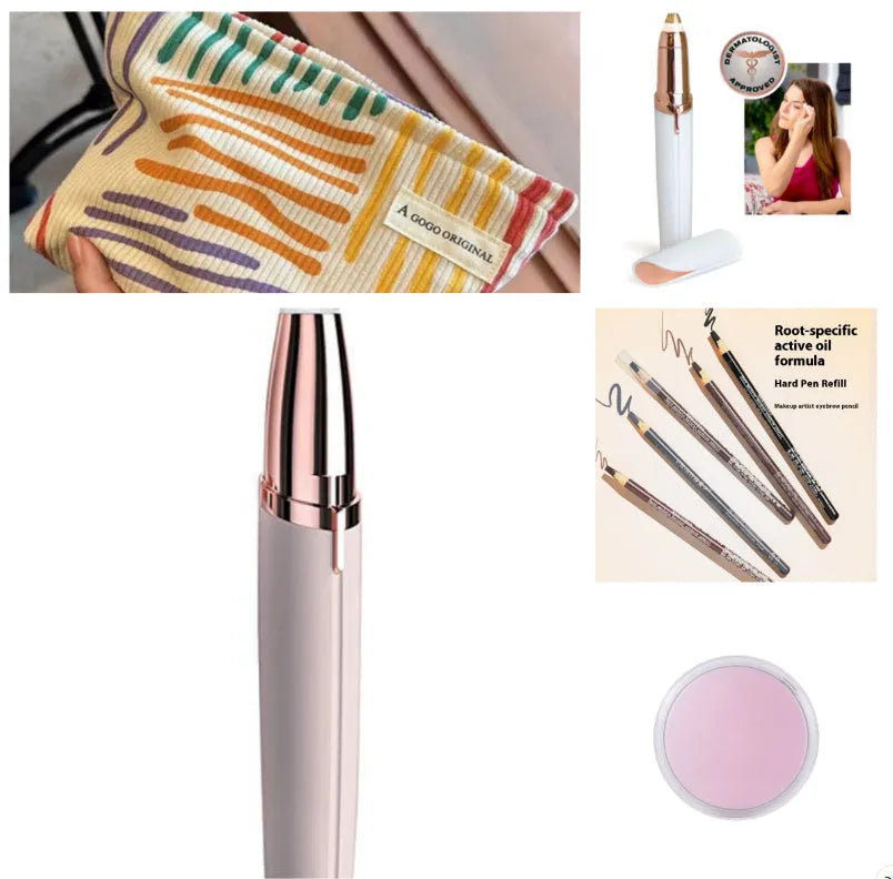Eyebrow epilator pen with gold plated head and LED light on pink background