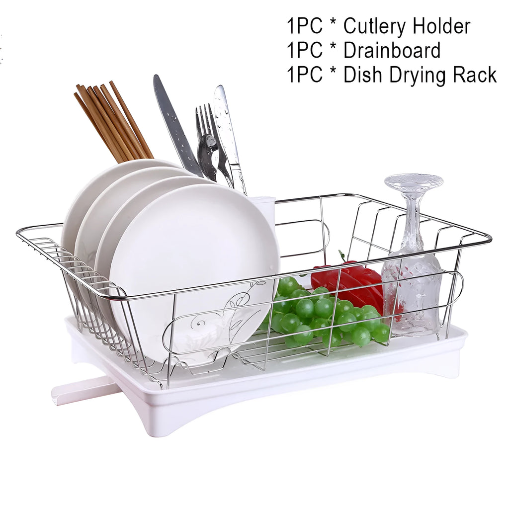 Stainless steel dish drying rack with cutlery holder and drain board on kitchen counter, black and white option, 42x28x15.5cm