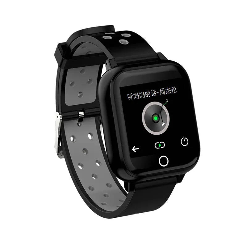 Black smart watch and Bluetooth earphones 2-in-1 fitness tracker on wrist with earbuds stored in watch case.