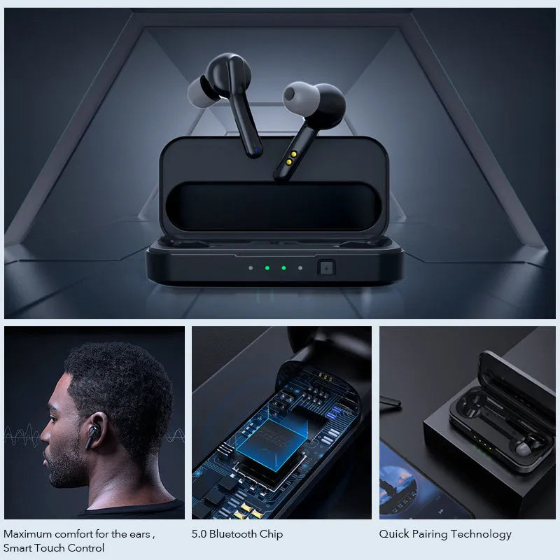 Black and white TWS wireless headset with Bluetooth 5.0 and IPX5 waterproof rating