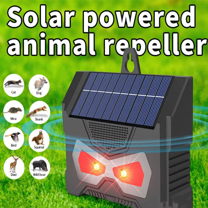 Black animal-shaped solar-powered ultrasonic pest repeller for outdoor use