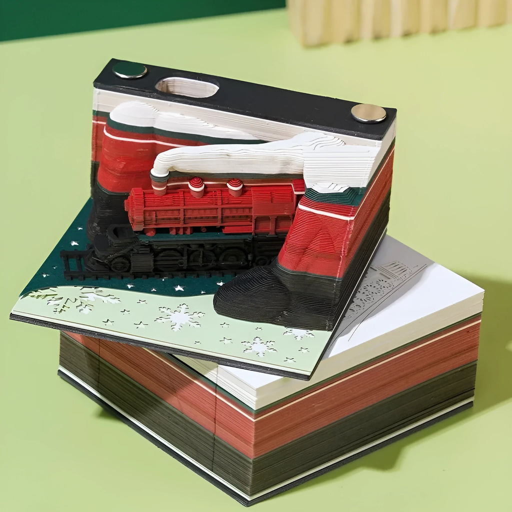 3D paper carving sticky notes showing Qingshui Temple design with Christmas Train cover colour