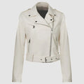 Red women's PU leather motorcycle jacket with a silver lapel short belt fastened at the waist.