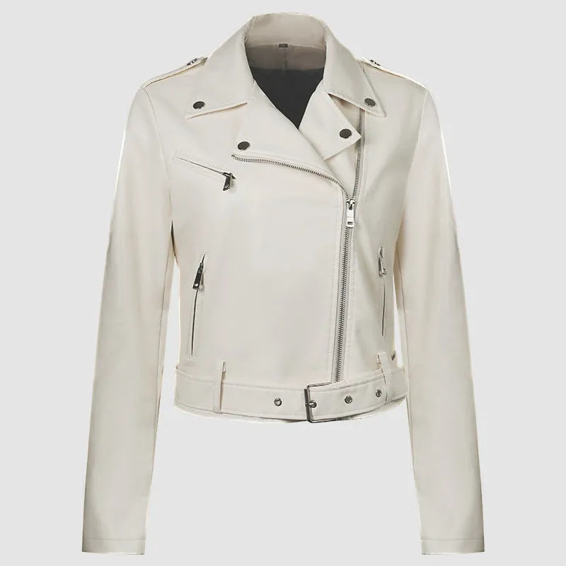 Red women's PU leather motorcycle jacket with a silver lapel short belt fastened at the waist.