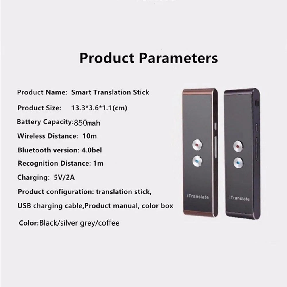 Handheld translator tool with Bluetooth and voice translation, 123x36x12mm, black