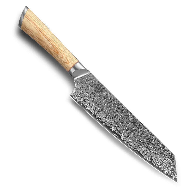 Damascus kitchen knife set with multiple blade sizes and V gold steel core on a kitchen counter.
