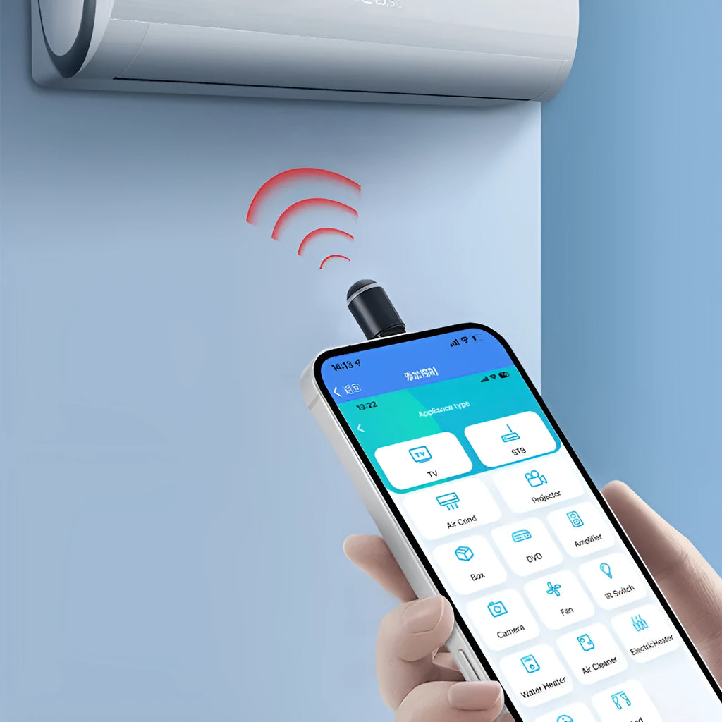 Black capsule infrared emitter with Lightning, Type-C and Micro-USB connectors for smartphone remote control