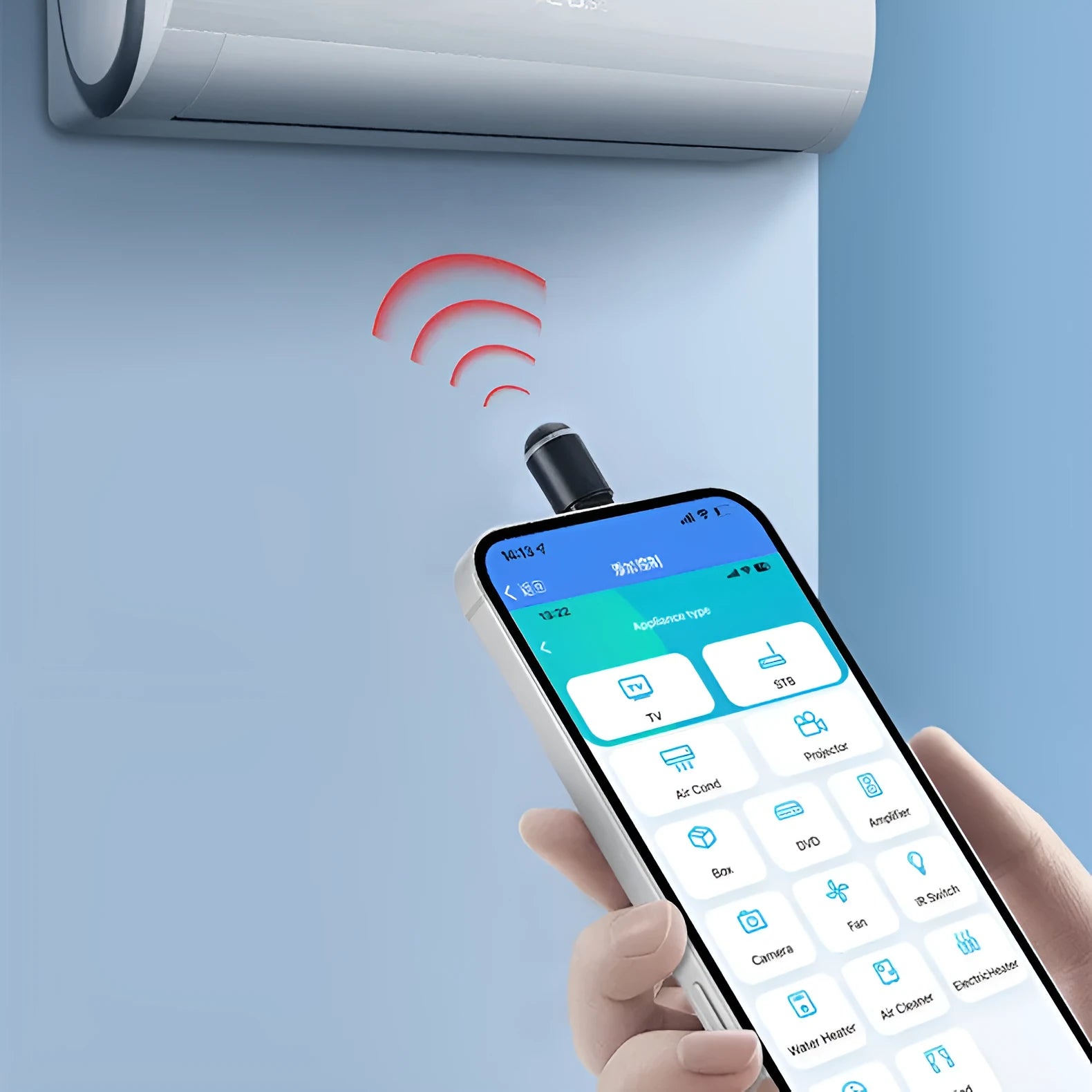 Black capsule infrared emitter with Lightning, Type-C and Micro-USB connectors for smartphone remote control