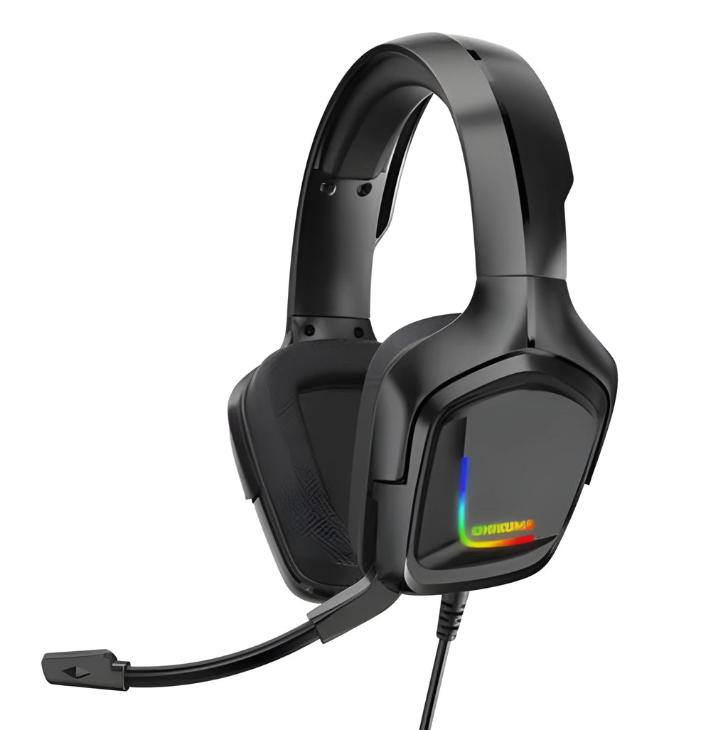 K20 wired gaming headset with RGB lights, cloth earmuffs, and a braided black cable.