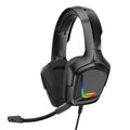 K20 wired gaming headset with RGB lights, cloth earmuffs, and a braided black cable.