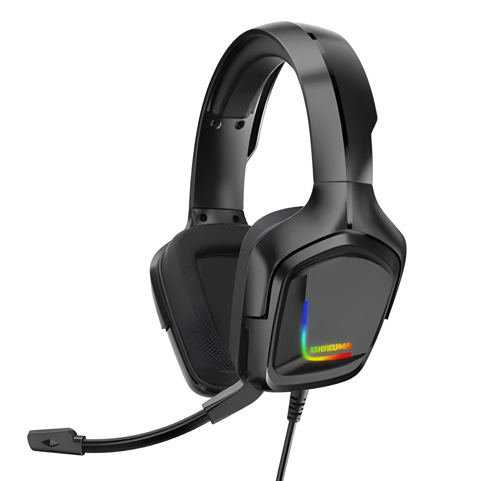 K20 wired gaming headset with RGB lights, cloth earmuffs, and a braided black cable.