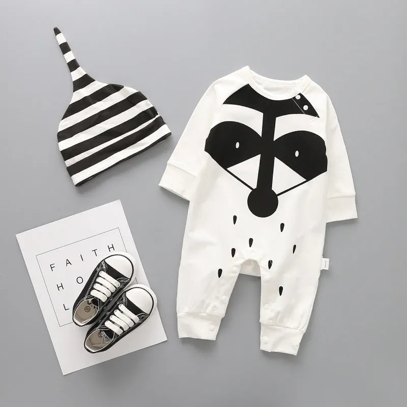 Neutral white baby onesie made from 95% cotton with long sleeves and detachable hood