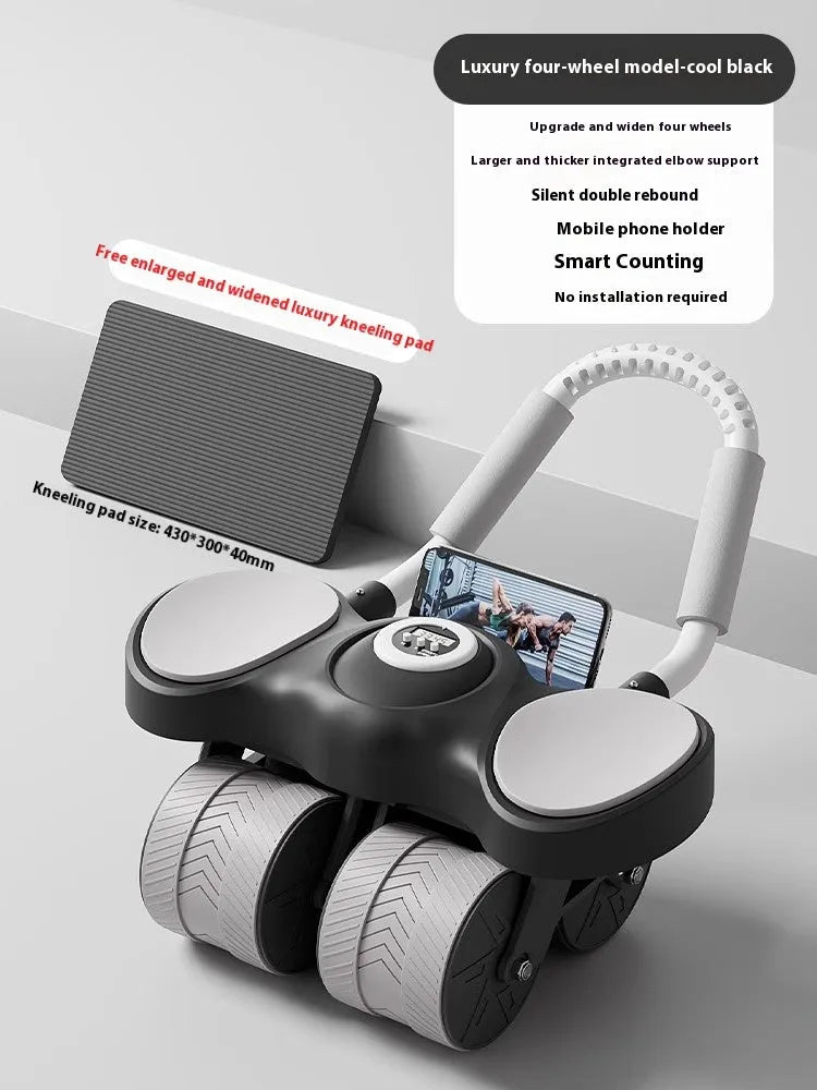 Abdominal exercise wheel with elbow support pad and automatic rebound mechanism