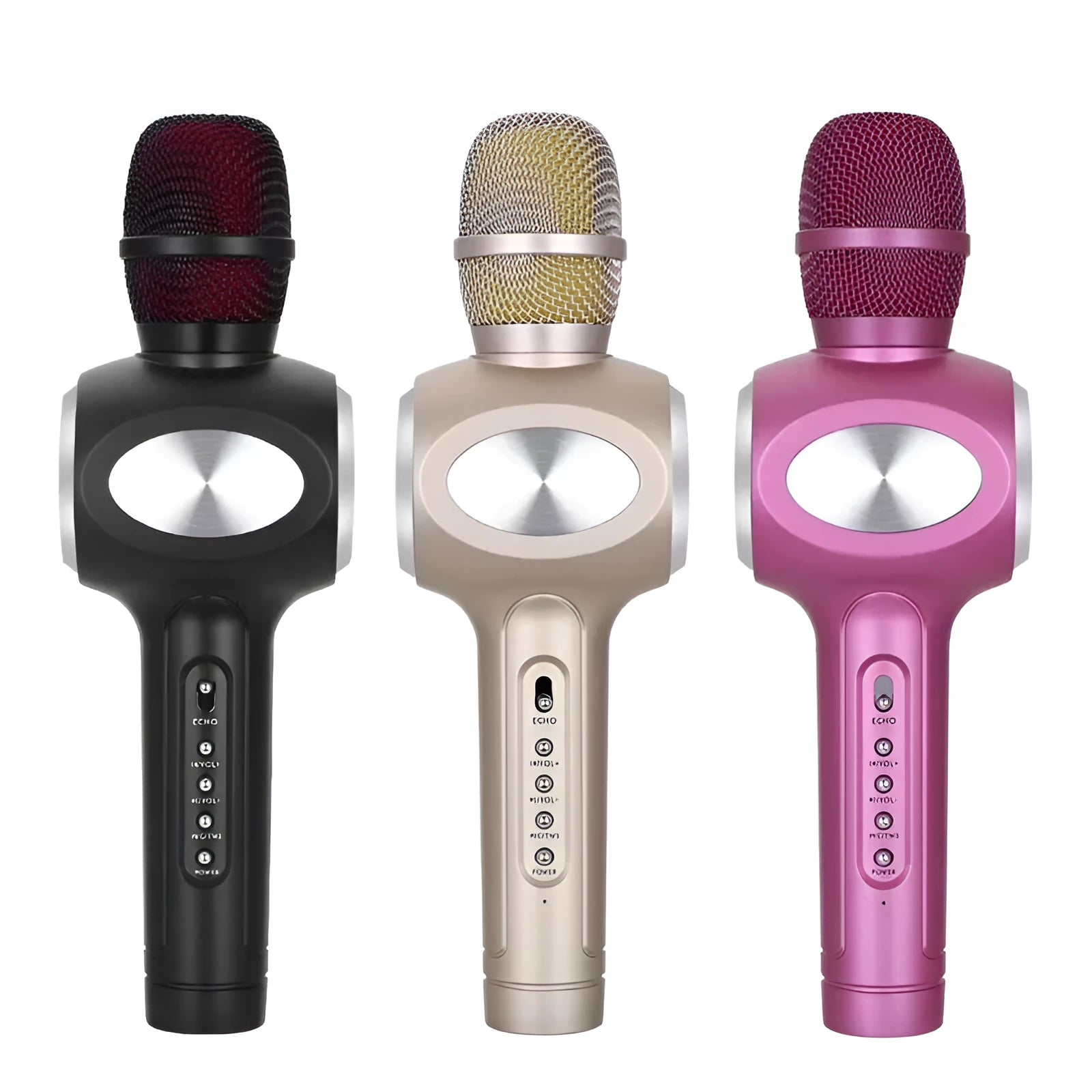 Yaerjia E108 handheld karaoke microphone in black, gold, or pink colour with built-in speakers.
