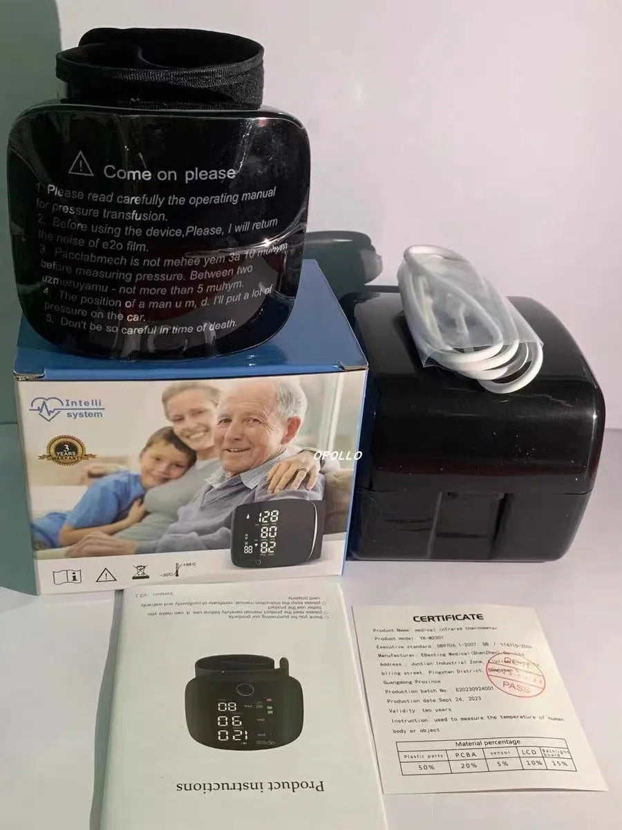 Black wrist blood pressure monitor with USB charging port and digital display.
