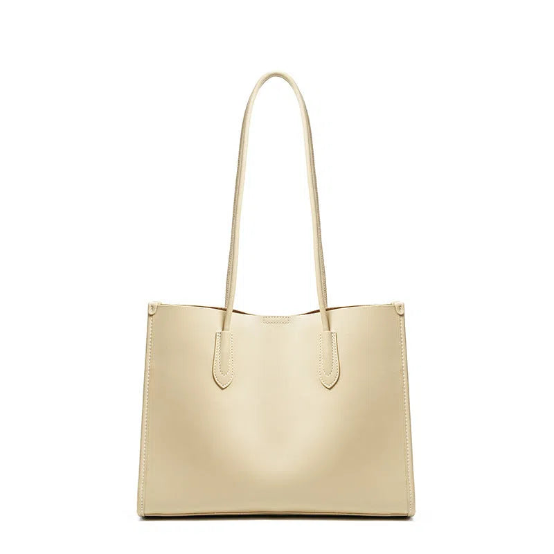 Women's new commuter large capacity genuine leather tote bag in golden brown with double straps and horizontal square shape