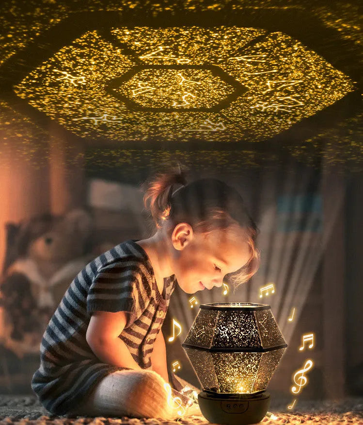 Children's rotating stars LED constellation projector night light showing colourful star patterns on a wall.