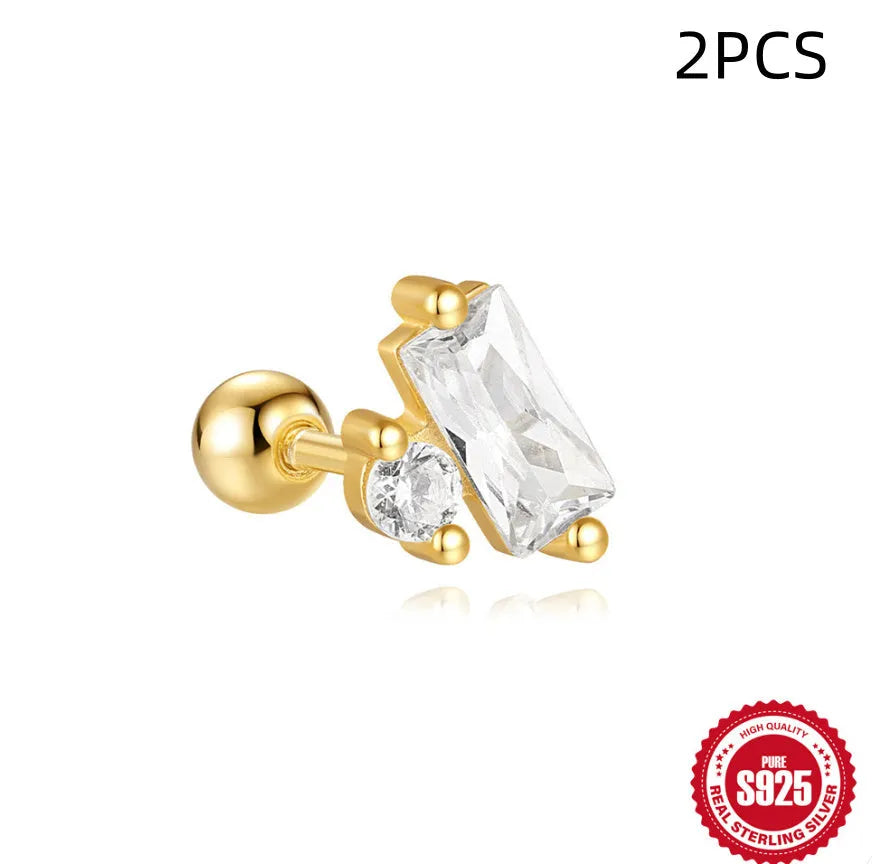 S925 sterling silver red earrings with square gravel studs and golden electroplated finish