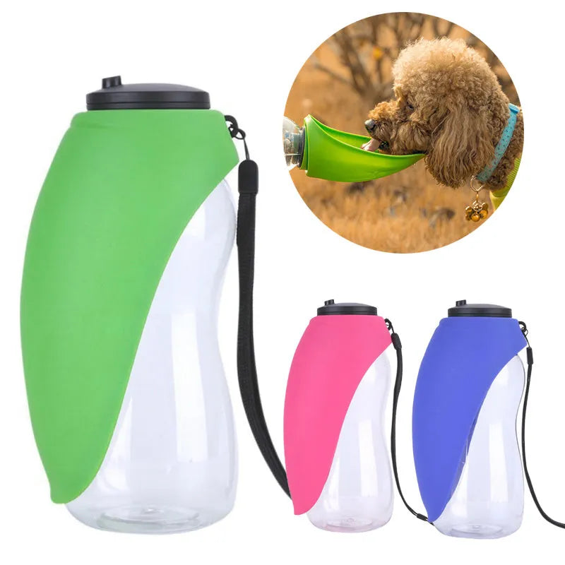 Sky blue portable pet water bottle with key lock showing 680ml capacity measurement