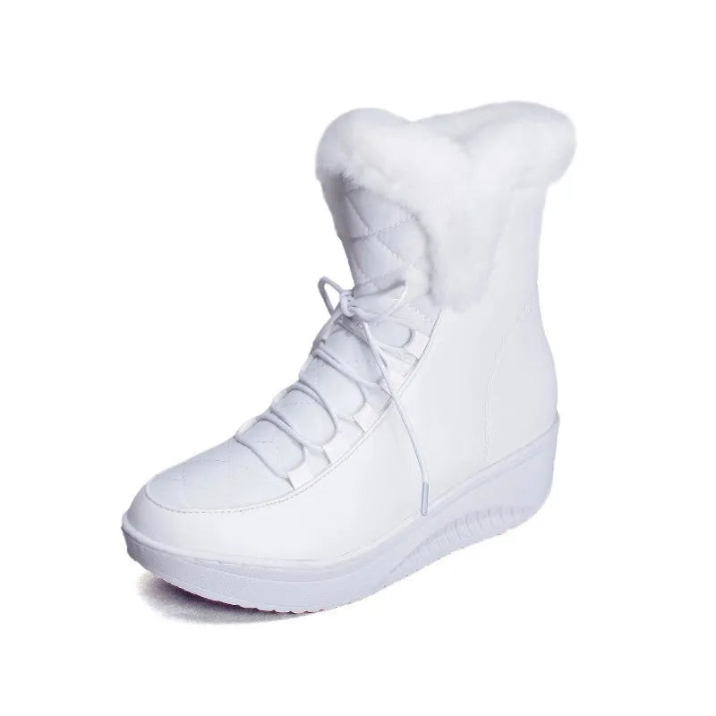 Black women's winter platform boots with lace-up front and plush lining on a white background.