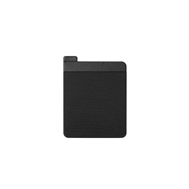 Black self-adhesive Lycra storage bag attached to back of laptop, 15x12cm, with pen loop and earphones visible