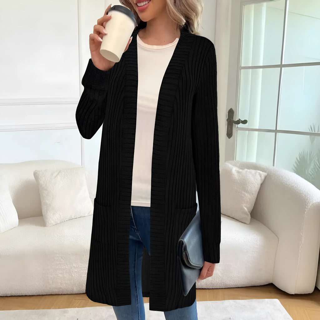 Plus size loose fit long sleeve knitted cardigan jacket in black, grey, or wine red.