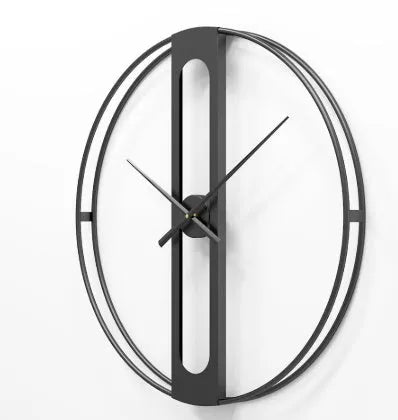 Large round metal wall clock with a 50cm diameter in a black finish on a white wall.