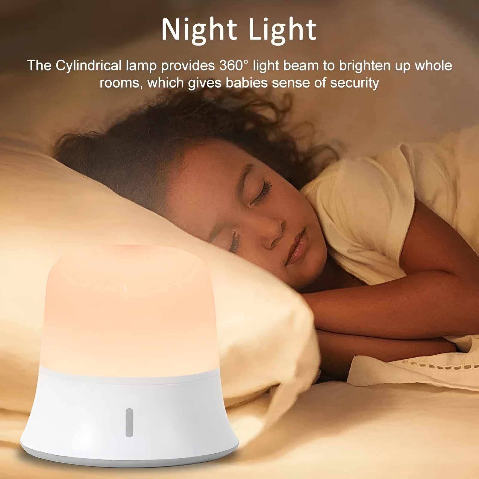White touch-control bedside night light with motion sensor and rechargeable battery on a table.