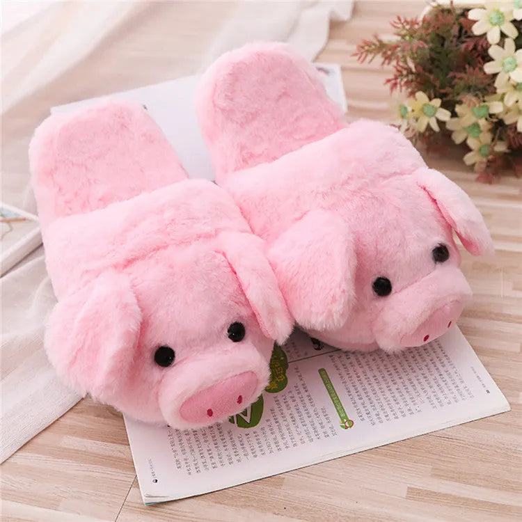 Pink pig plush floor slippers with PP cotton filling in women's sizes