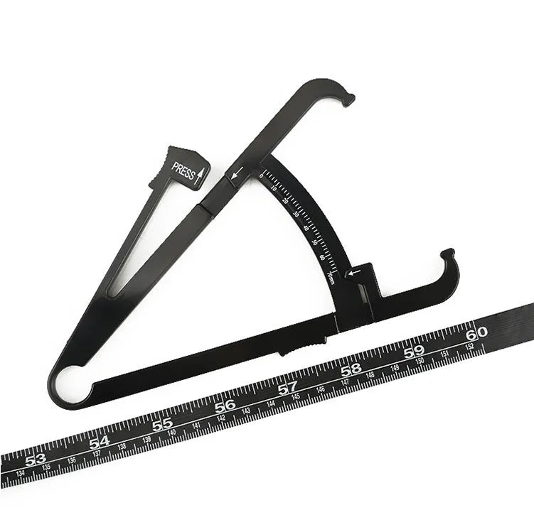 Black ABS plastic body fat caliper with measurement gauge and detachable cable for skin fold thickness testing.