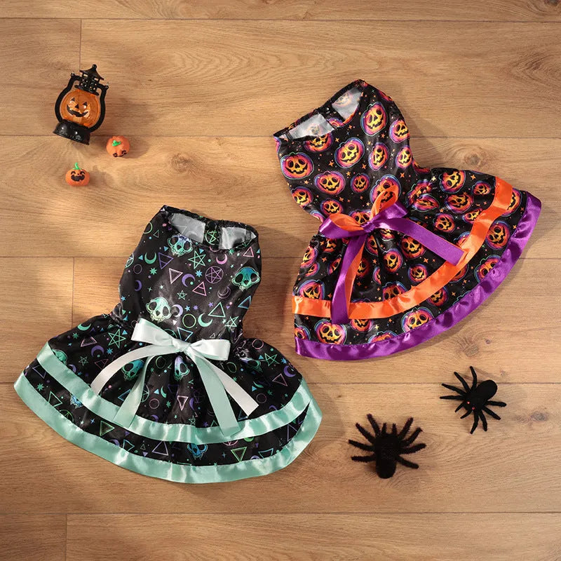 Halloween dog skirt with colourful pumpkin and skull prints in double-layer polyester