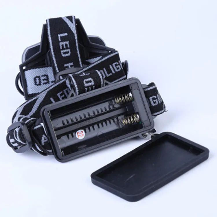Head-mounted LED camping light with fixed focus beam for 300-500 metre outdoor illumination