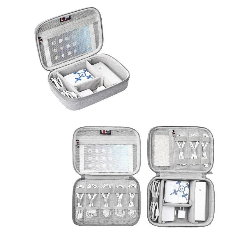 Black EVA digital storage bag with open compartment showing cable organisation