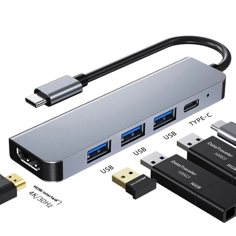 Type-C 7-in-1 expansion dock with HDMI port, USB 3.0 ports, and a 15cm black connecting cable.