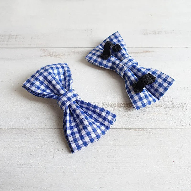 Blue checkered polyester dog bow tie on a collar, XS to XL size options available
